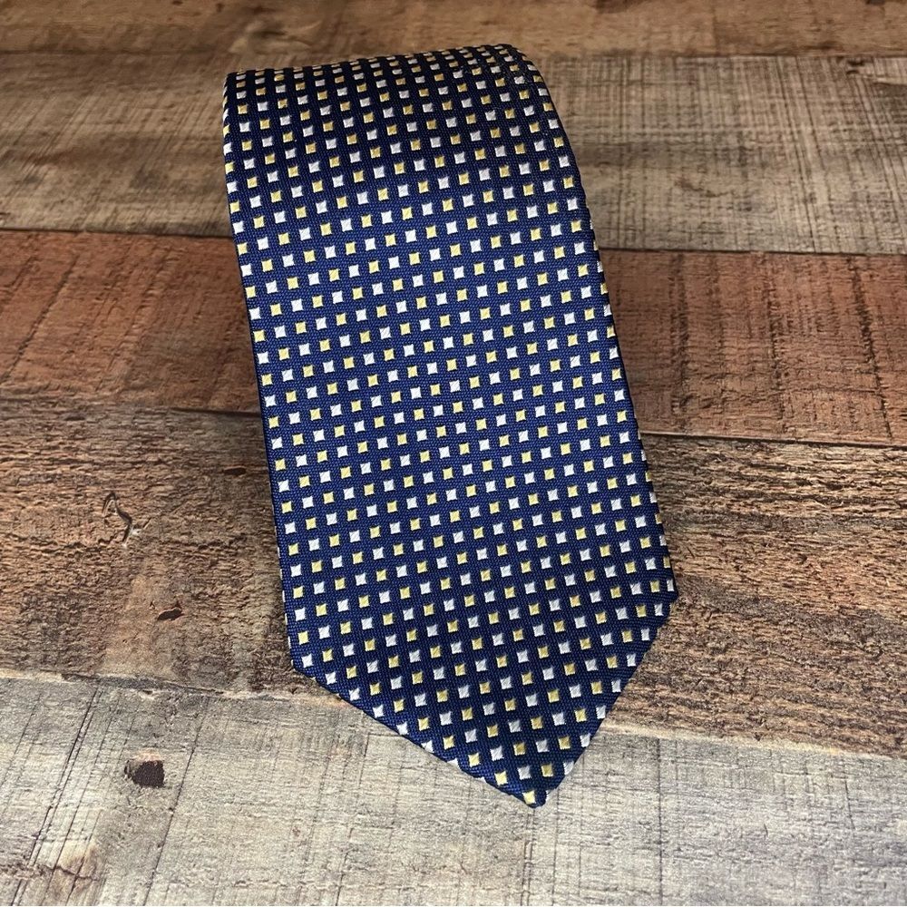 Harvie & Hudson London Navy Blue, Gold, Silver Squares Silk Tie Made In England